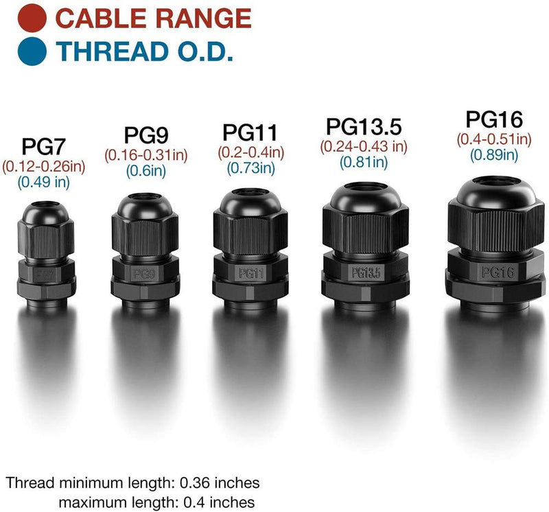 Cable Glands - 25 Pack Plastic Waterproof 3.5-13mm Nylon Cable Glands Joints Wire Protectors, PG 7/9/11/13.5/16, for Home/Garden/Outdoor Lighting Cable Black - NewNest Australia