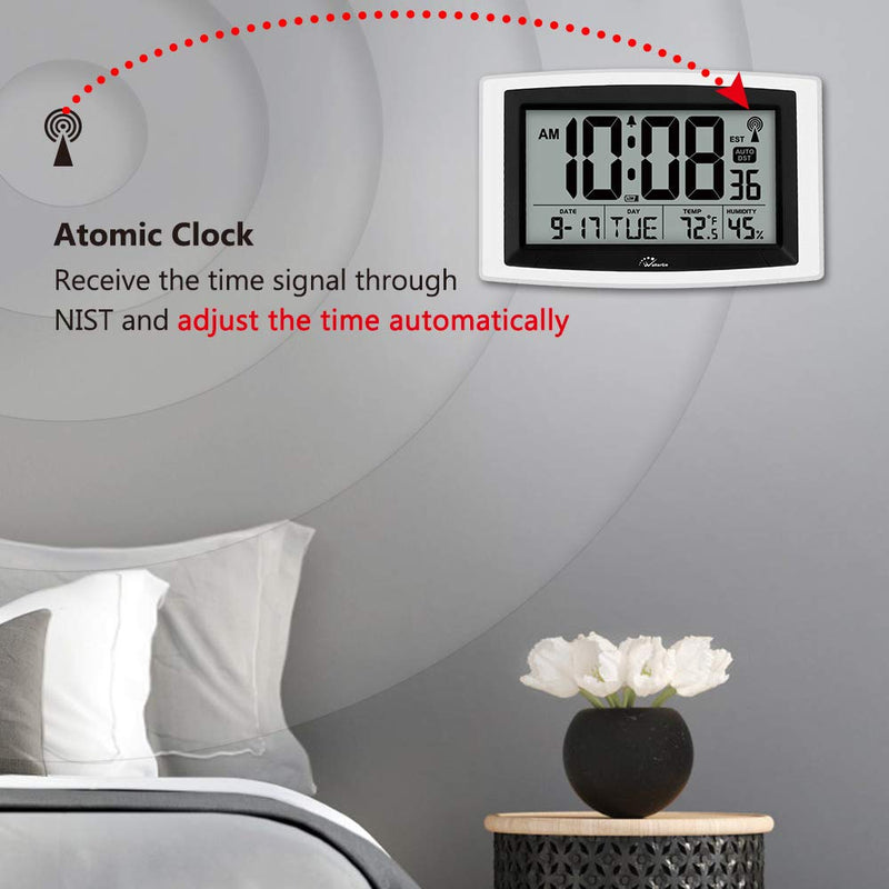 NewNest Australia - WallarGe Atomic Clock,Digital Wall Clock or Desk Clock,Battery Operated,Self-Setting Digital Alarm Days Clock Large Display for Seniors,Temperature, Humidity and Date,Easy to Read. Black 