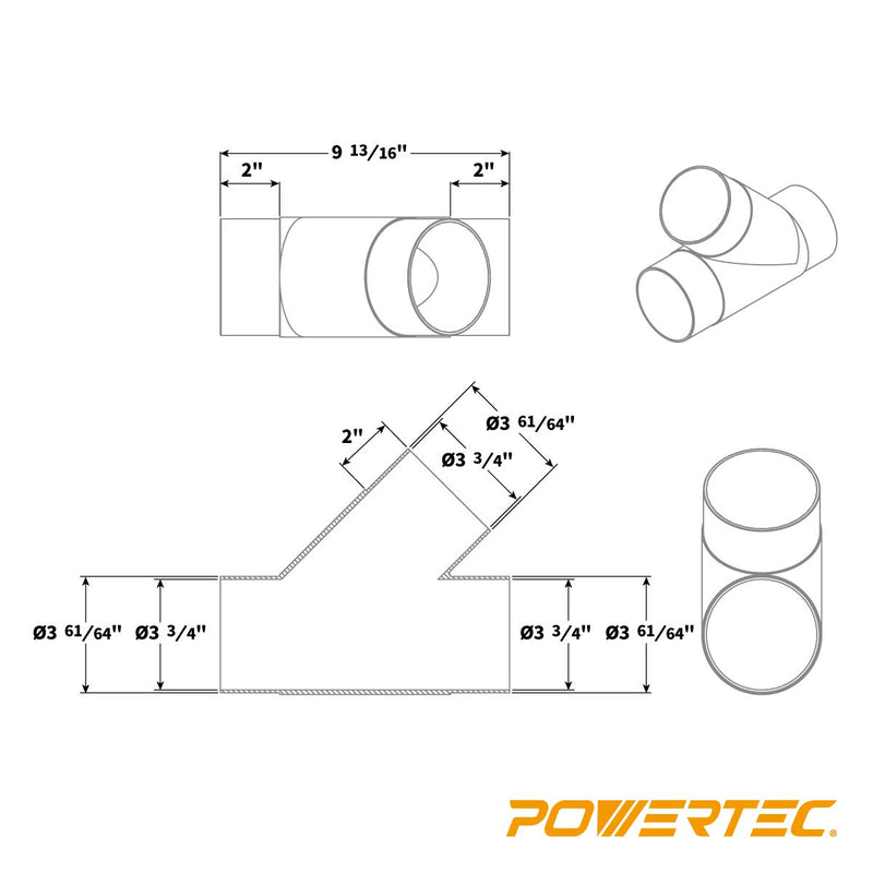 POWERTEC 70106 4-Inch Y-Fitting Dust Collection Hose Connector, Black - NewNest Australia