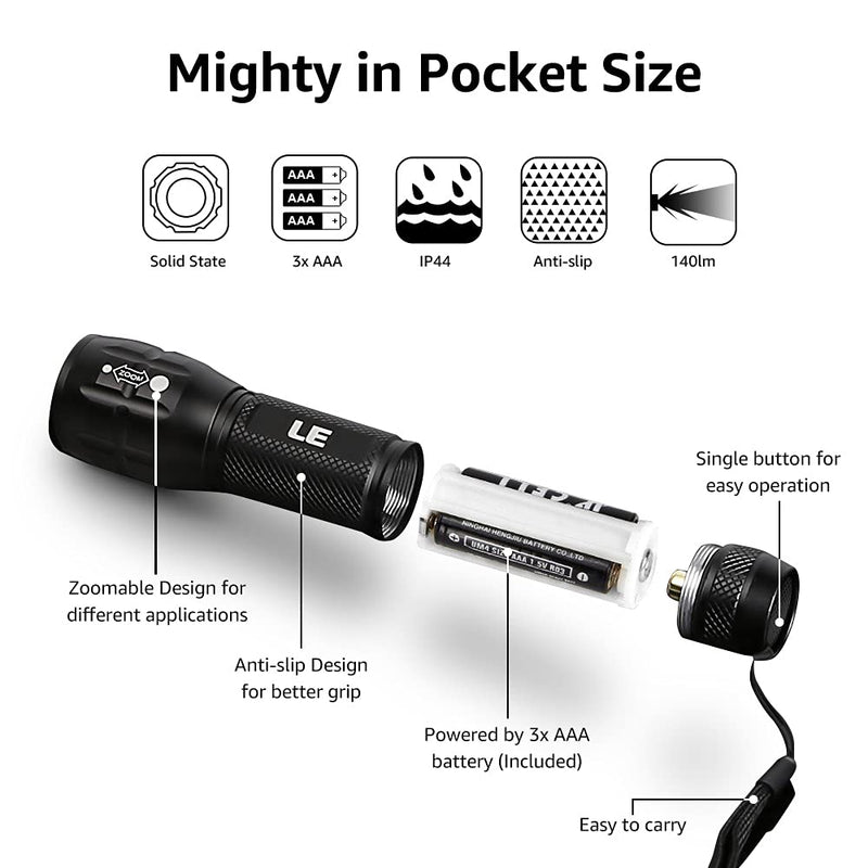 LE LED Tactical Flashlight High Lumens, Small and Extremely Bright Flash Light, Zoomable, Water Resistant, Adjustable Brightness for Camping, Running, Emergency, AAA Batteries Included 1 - NewNest Australia