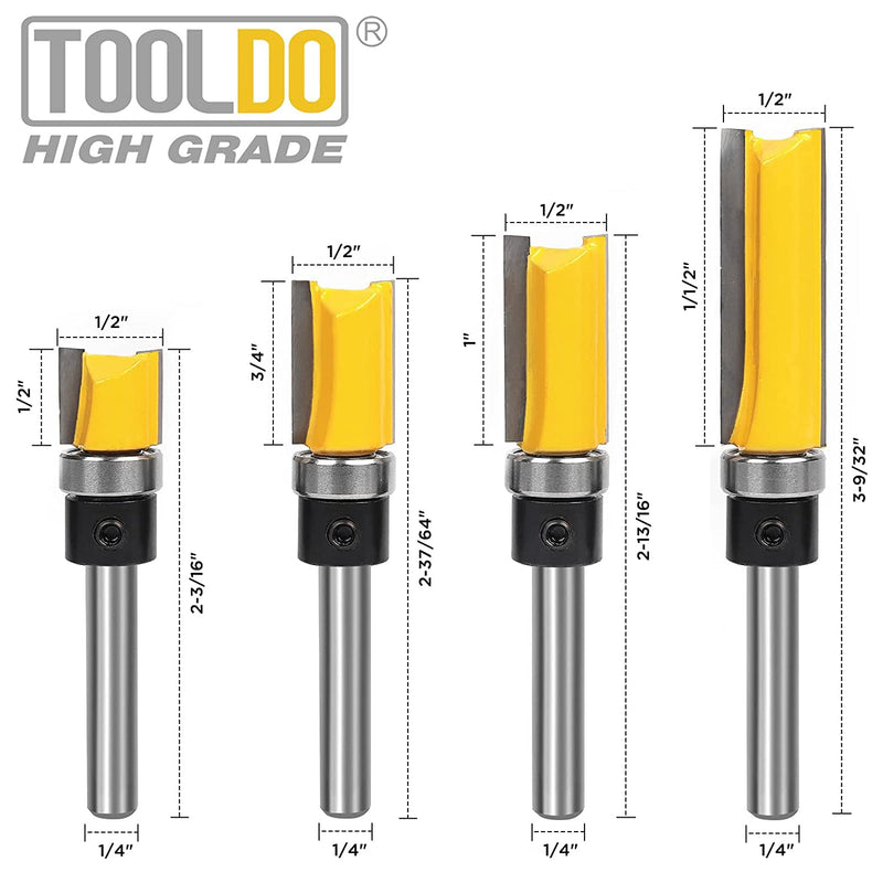 TOOLDO 4 Pcs 1/4 Inch Shank Pattern Flush Trim Router Bit Set Cutting Length 1/2", 3/4", 1", 1-1/2" - NewNest Australia