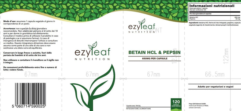 Ezyleaf Betaine Hcl Pepsin 680 Mg | 120 Vegan Betaine Hcl Capsules | Betaine Hydrochloride With Pepsin | Digestive Enzymes | No Artificial Ingredients | Iso Certificate, Gluten & Gmo Free | Made In - NewNest Australia