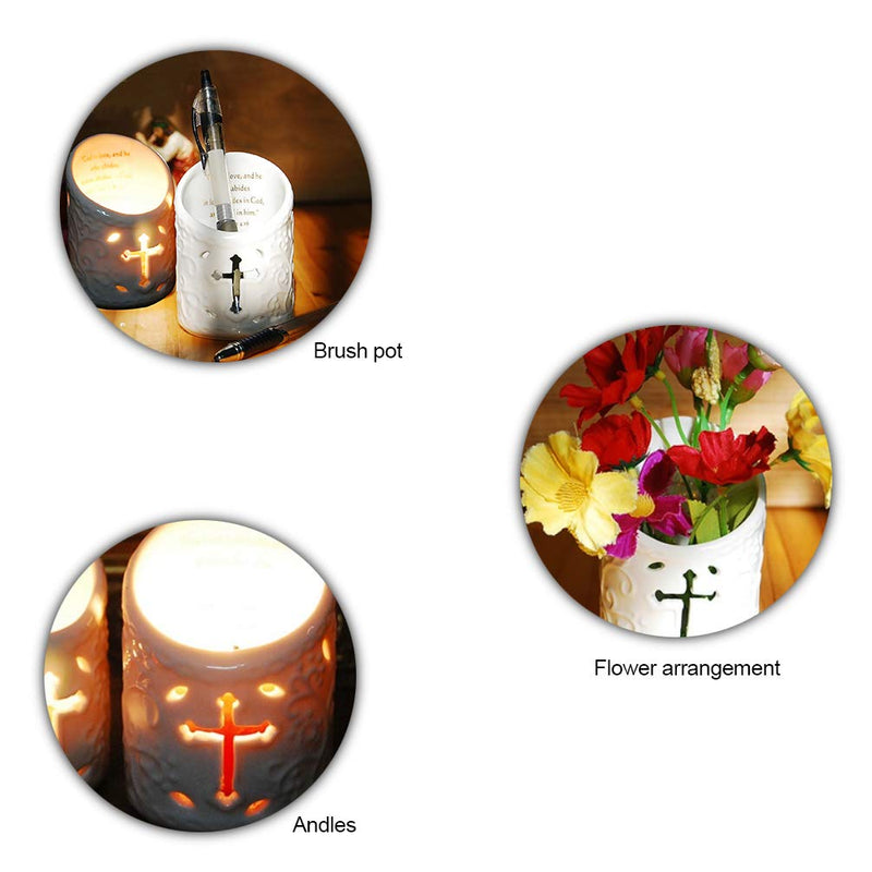 NewNest Australia - DreamsEden Set of 2 Ceramic Christian Cross Tealight Candle Holder with Bible Verses Include Flickering LED Flameless Tea Light Candles for Wedding and Home Decor Led Tealight, White 