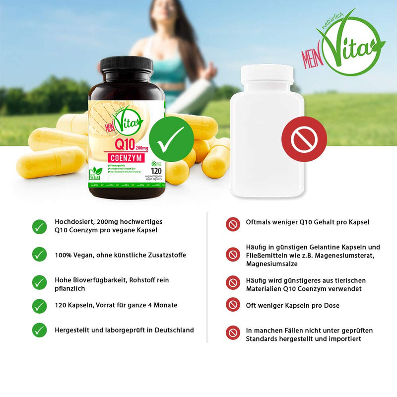 Coenzyme Q10, 100% vegan, extra high dose with 200mg per capsule - 120 capsules in a 4 month supply, bioactive, premium Q10, MeinVita line, - NewNest Australia