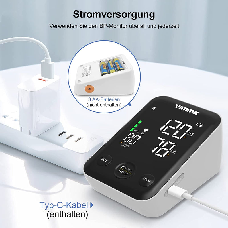 Vimmk blood pressure monitor upper arm digital measuring device high blood pressure LED display, arrhythmia detection & pulse measurement, 2x120 memories, cuff 22-40cm - NewNest Australia
