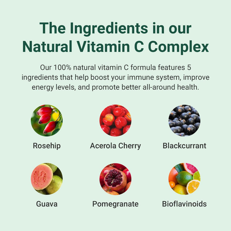 Hey Nutrition Natural Vitamin C 250mg Complex from Rosehip, Acerola, Blackcurrant, Gauva & Pomegranate - Immune Function, Stress, Metabolic Health, & Fatigue - 60 Capsules, Non GMO, Vegan - NewNest Australia