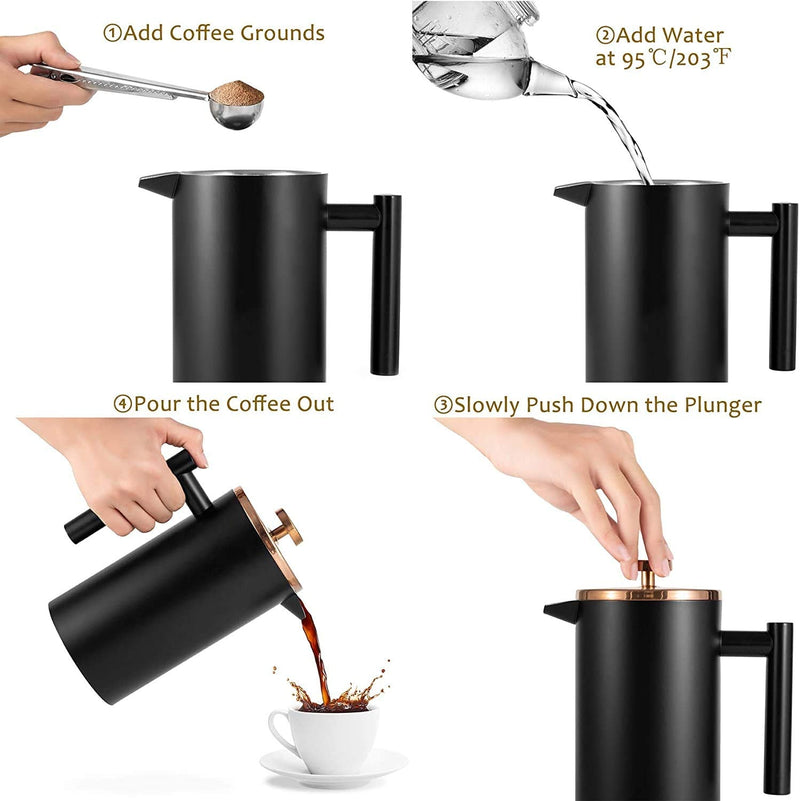 Miuly Coffee Press 1 Cup,Black Stainless Steel French Press Coffee Maker, Double Wall Insulated 350ml/12oz with 2 Filter Mesh Black Coffee Pot Rose Gold Lid 12oz - NewNest Australia