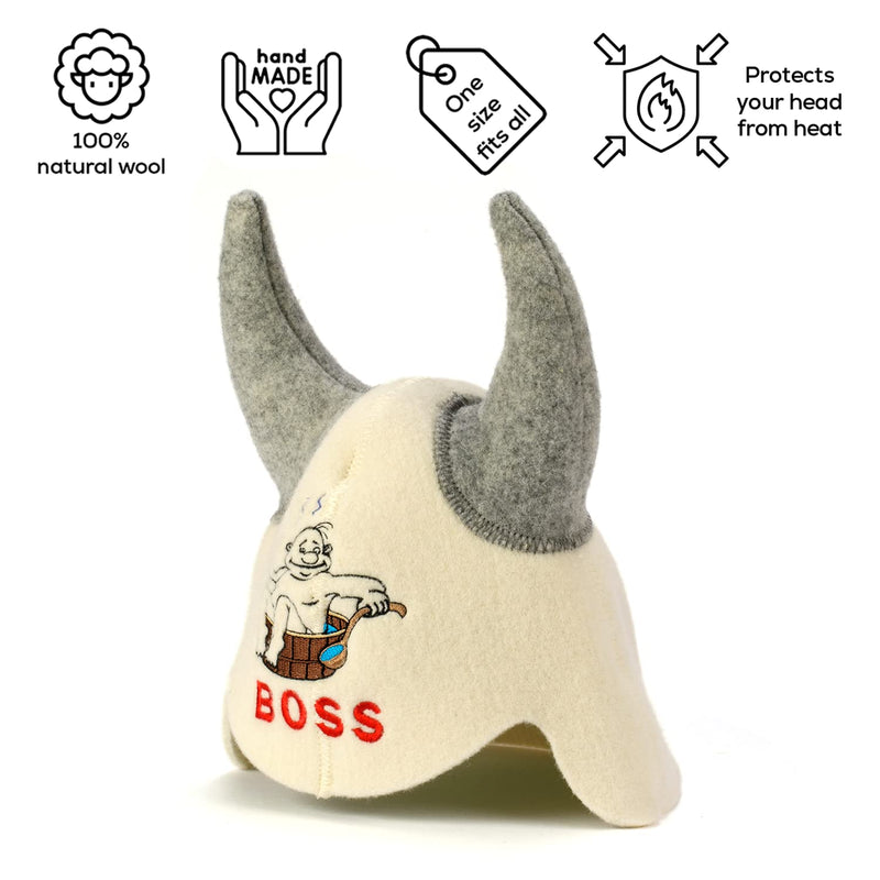 Natural Textile Sauna Hat 'Sauna Boss Devil' White - 100% Organic Wool Felt Hats for Russian Banya - Protect Your Head from Heat - English Sauna eBook Guide Included - with Embroidery - NewNest Australia