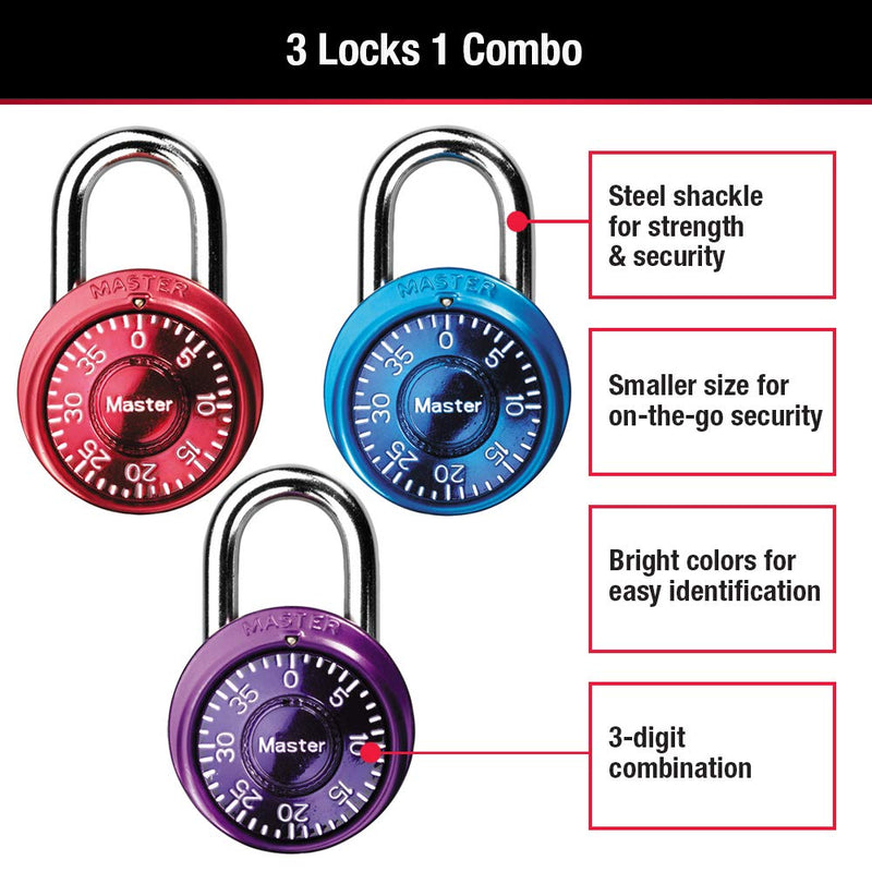 Master Lock 1533TRI Locker Lock Mini Combination Padlock, 3 Pack, Assorted Colors - NewNest Australia