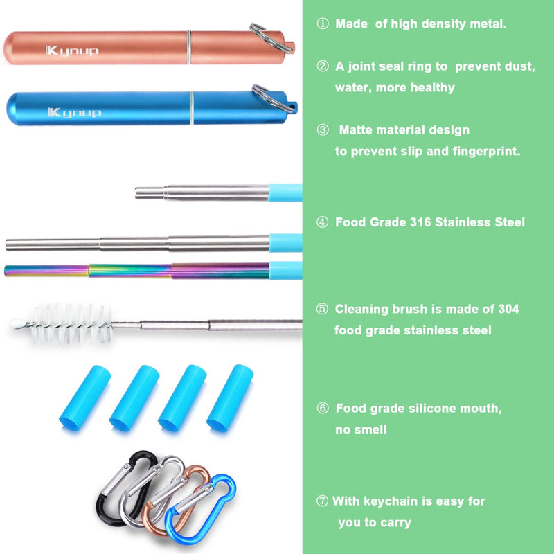 Kynup Metal Drinking Straw, 4Packs Reusable Straw Collapsible with Silicon, Stainless Ttravel Straws with Metal Case, Keychain, Cleaning Brushes, Silicon Pcs Perfect for Travel, Gifts (20 PCS) Black-blue-rose Gold-silver - NewNest Australia