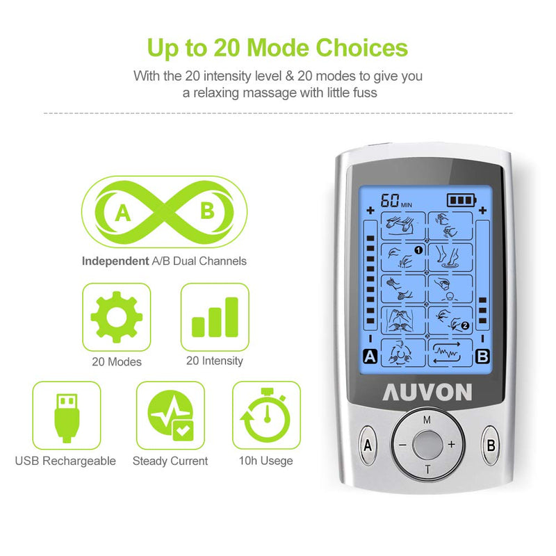 AUVON Dual Channel TENS Unit Muscle Stimulator Machine with 20 Modes, 2" and 2"x4" TENS Unit Electrode Pads - NewNest Australia