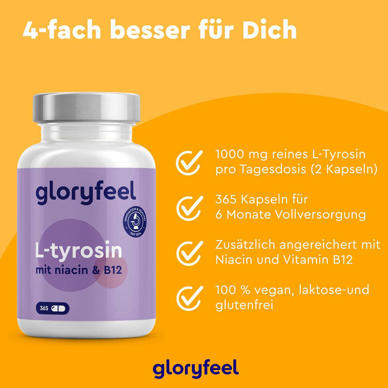 L-Tyrosine high dose - 365 capsules - With 1,000 mg tyrosine per daily dose - Amino acid with vitamin B for nerves, metabolism and psyche * - Supplies for half a year - 100% vegan - NewNest Australia