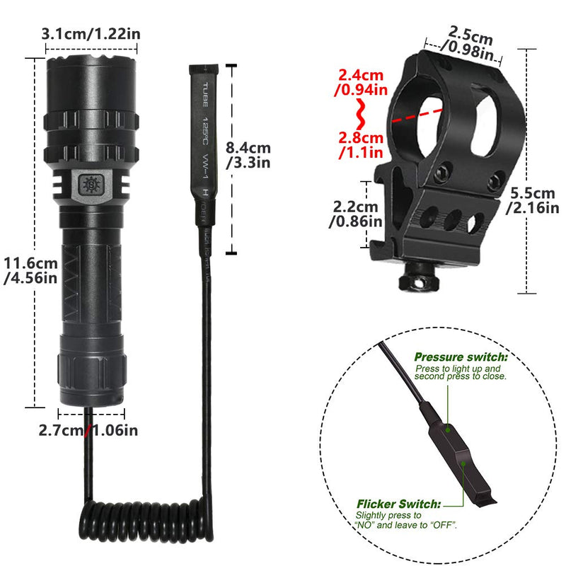 Tactical Flashlight JT10 1200 Lumen Black LED Light with Offset Rail Mount, Rechargeable Batteries and 2 Modes Pressure Switch Included,Outdoor Hunting - NewNest Australia