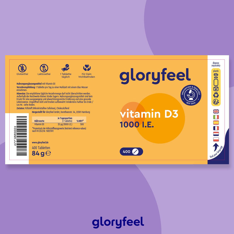 Vitamin D Sun Vitamin - 400 tablets (13 months) - Laboratory tested 1000 IU vitamin D3 per tablet - Supports bones, teeth, muscles and immune system* - No additives - NewNest Australia