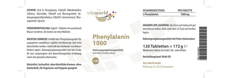 Vita World L-Phenylalanine 1000 mg 3 x 120 Tablets – High Dose Vegan and Free from Magnesium Stearate, Pack of 3 - NewNest Australia