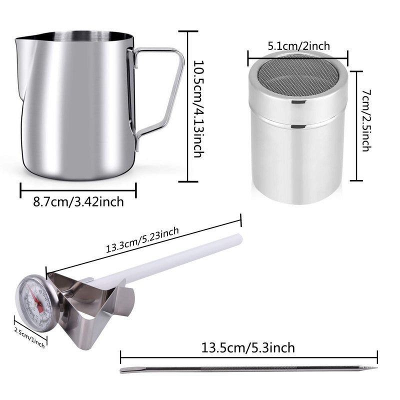 WXJ13 Milk Jug 600ml/21OZ, Stainless Steel Milk Frothing Pitcher, Milk Thermometer with Clip, Powder Shaker with Lid and Latte Art Pen for Hot Chocolate Cappuccino Coffee Latte Art Maker - NewNest Australia