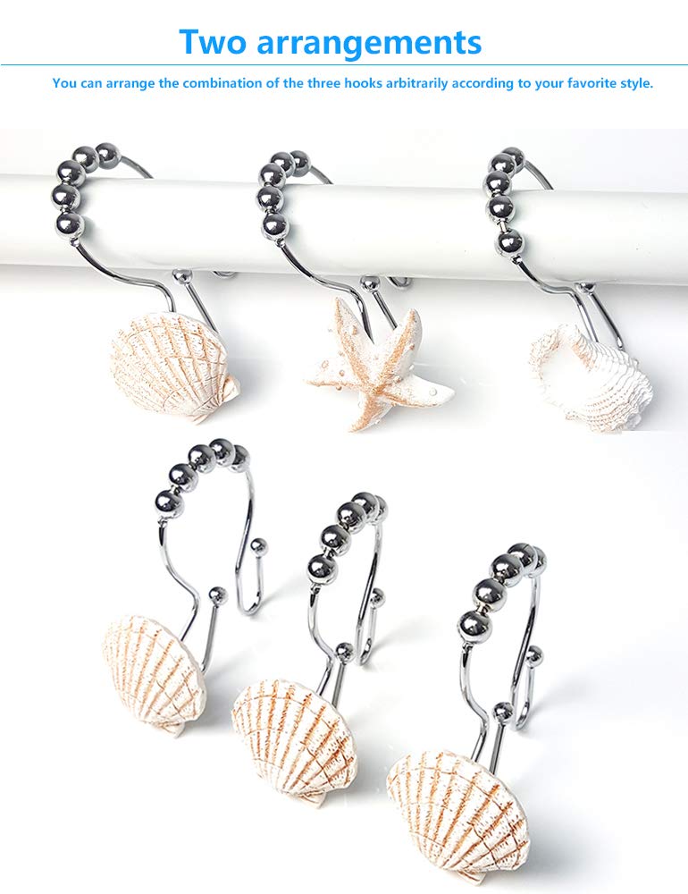 Voiinoiu Ocean Decorative Shower Curtain Hooks Rust Proof,Stainless Steel Shower Curtain Rings with 5 Glide Rollers for Bathroom and Shower Set of 12-Hooks (Seashell, Starfish,Conch) (White) White - NewNest Australia