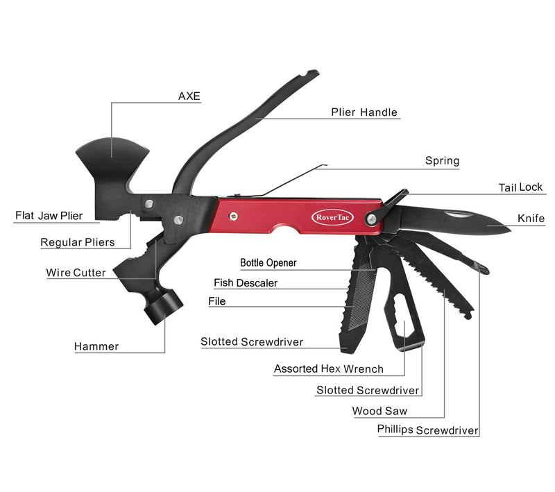 RoverTac Multitool Camping Accessories Survival Gear and Equipment 14 in 1 Hatchet with Knife Axe Hammer Saw Screwdrivers Pliers Bottle Opener Durable Sheath Gifts for Men Women Red - NewNest Australia