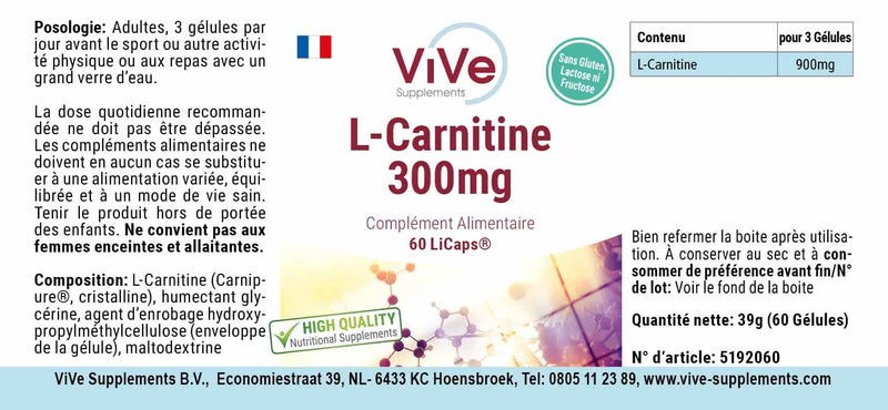 L-Carnitine 300 mg - 60 capsules - crystalline Carnipure carnitine in airtight LiCaps - high dosage and vegan | Quality from Germany from ViVe Supplements - NewNest Australia