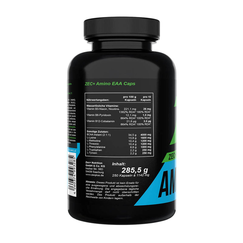 Zec+ Nutrition Amino Eaa Caps, 250 Capsules, Essential Amino Acids, High Dose Amino Acid Powder In Capsule Shape, 8 Eaas & Valuable Vitamins, Made In Germany - NewNest Australia