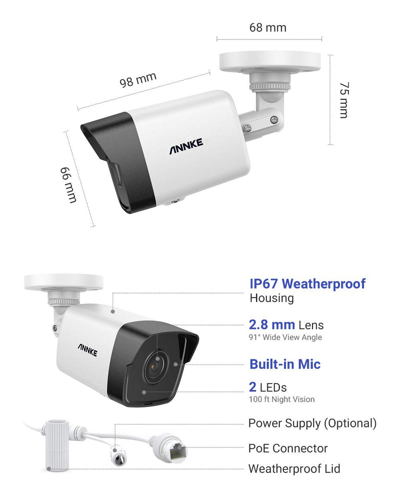 ANNKE C500 5MP PoE Security IP Bullet Camera w/ Audio,100ft EXIR 2.0 Color Night Vision, Built-in Mic, H.265+ Internet IP Camera, Digital WDR, IP67 Weatherproof, Smart Motion Alerts - NewNest Australia