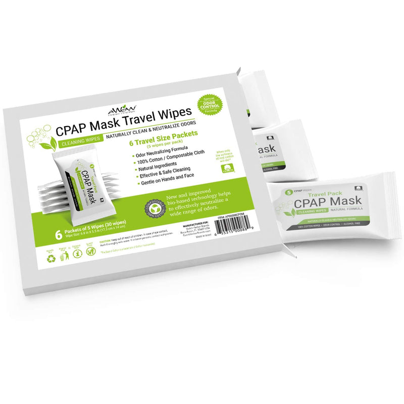 AWOW Unscented CPAP Mask Wipes - 5ct Resealable Travel Size CPAP Supplies, Natural CPAP Cleaner with 100% Cotton Fibers, Advanced Odor Control Formula, Safe for CPAP & BiPAP Masks (6pk, 30 Cleaning Wipes) - NewNest Australia