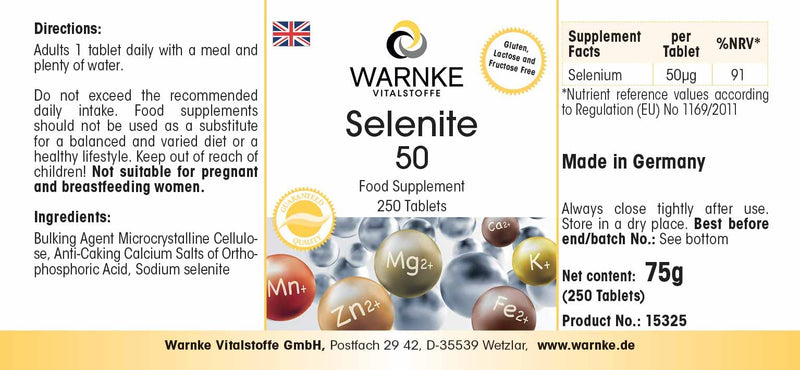 Selenium tablets - 50µg selenium per tablet - vegan - made from sodium selenite - yeast-free - 250 tablets - large pack | Warnke vital substances - NewNest Australia