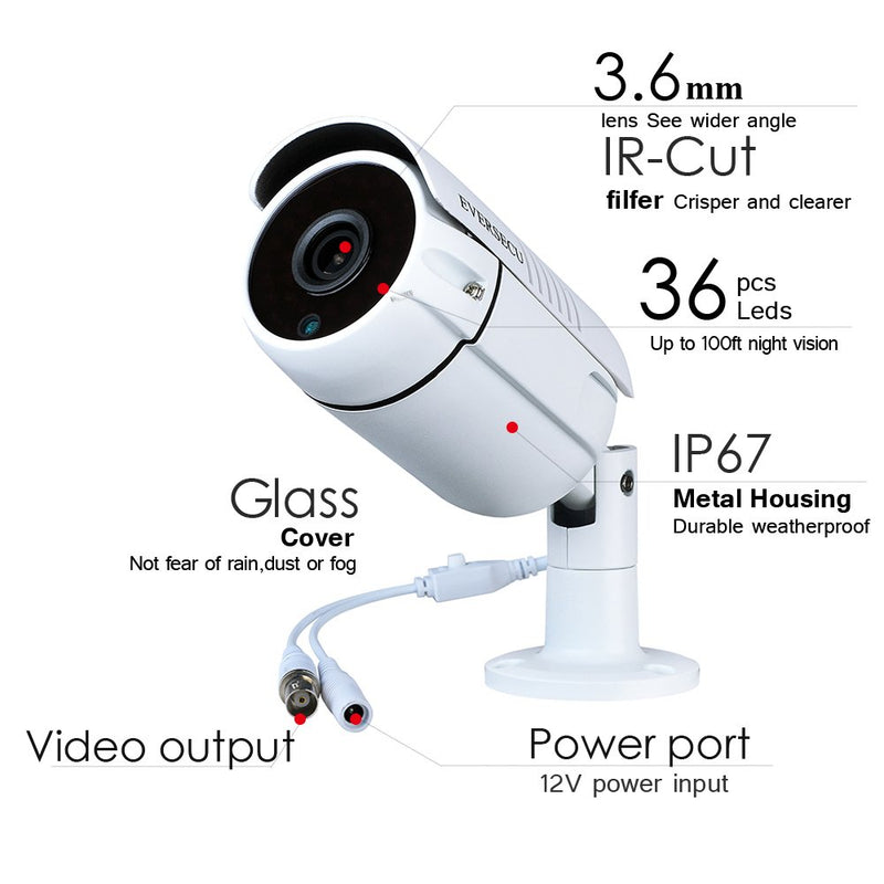 Eversecu 1080P 2.0MP HD CMOS Sensor AHD/TVI/CVI/960H Bullet Analog Camera, 2MP Full HD Weatherproof CCTV Security Camera for Outdoor Surveillance, 3.6 mm Lens, Metal, White - NewNest Australia