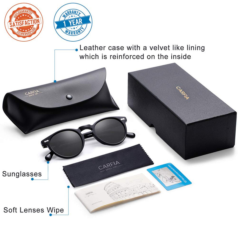 Carfia Vintage Polarized Sunglasses for Men UV400 Protection Retro Fashion Eyewear Hand-crafted Acetate Frame CA5288L R1: Grey Lens Style1-Round Shade - NewNest Australia