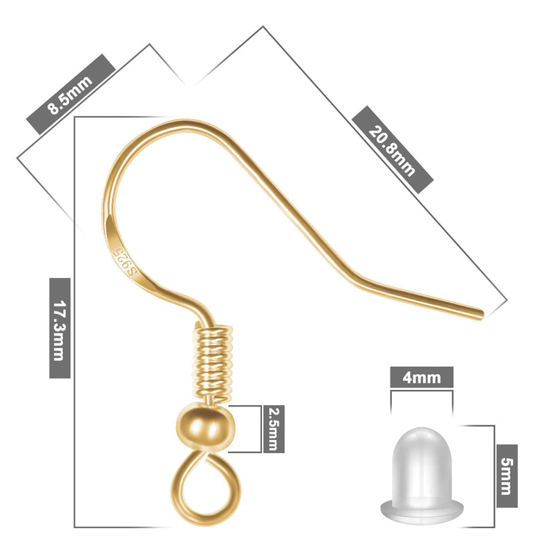 925 Sterling Gold Earring Hooks 120 PCS/60 Pairs, Ear Wires Fish Hooks, Hypo-allergenic Jewelry Findings Parts with 120 PCS Clear Silicone Earring Backs Stoppers for DIY Jewelry Making - NewNest Australia