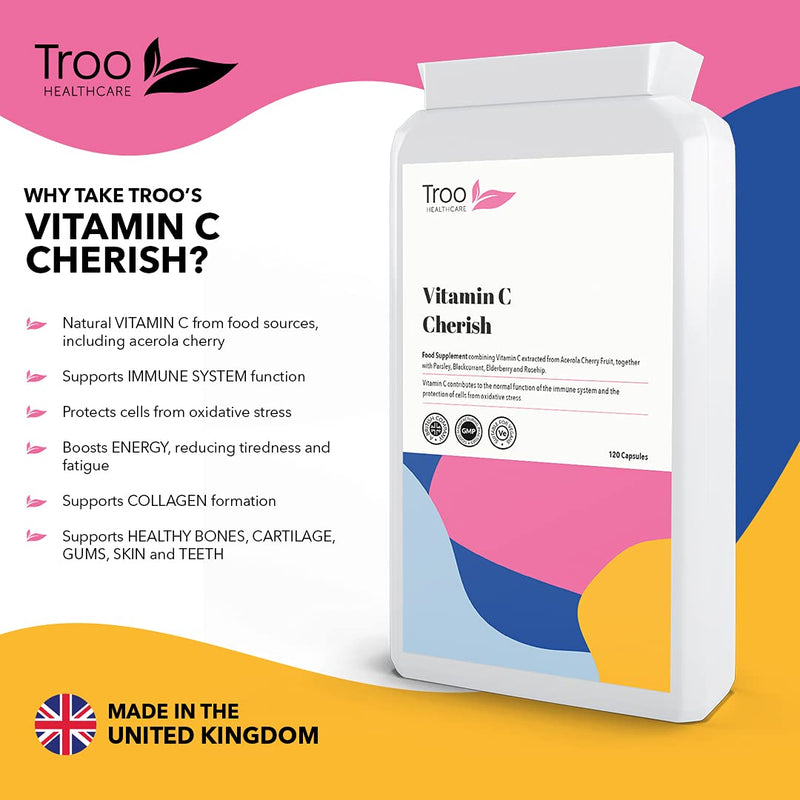 Vitamin C Cherish 120 Capsules - Natural Food Vitamin C Immune Support & Fatigue Reduction Supplement Containing Acerola Cherry and Elderberry - UK Manufactured 120 Count (Pack of 1) - NewNest Australia