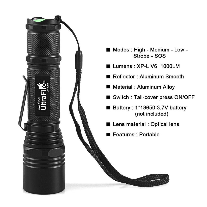 UltraFire WF-506B 1000 Lumen Handheld Flashlight,5 Modes Super Brigh LED Tactical Flashlight,with 360 Degrees Rotatable Nylon Flashlight Holder Duty Belt Holster (Not not include 18650 Battery) - NewNest Australia