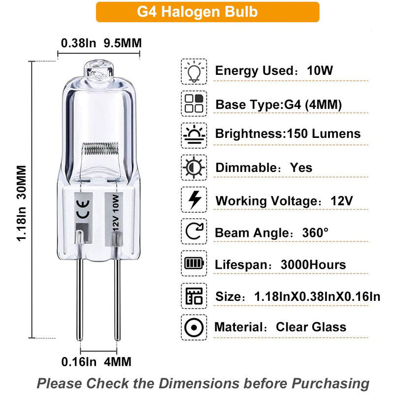 G4 Bulb, 10 Pack Halogen G4 12V 10W with G4 Bi-pin Base, High Output G4 Light Bulb 12V 150LM 3000Hrs Long Lifetime, G4 Dimmable, CRI100 & 2800K Warm White, G4 Halogen Bulb 10W for Cabinet Light Bulbs 10.0 Watts - NewNest Australia