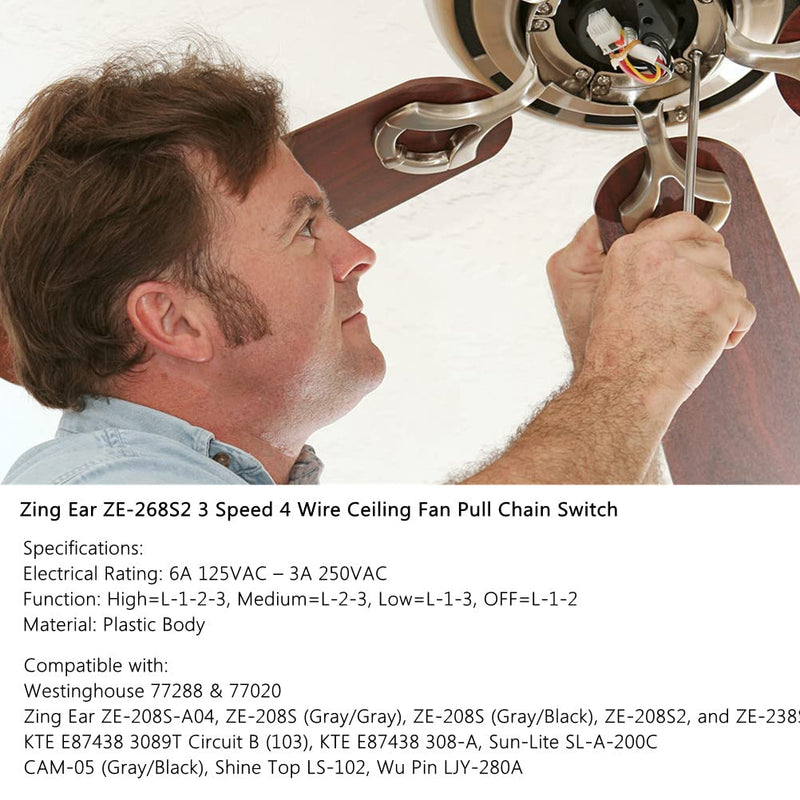 Ceiling Fan Switch Set 3 Speed 4 Wire Zing Ear ZE-268S2 Pull Chain Ceiling Fan Switch Ceiling Fan Speed Control Switch with Rope for Ceiling Fans, Wall Lamps, Cabinet Light, Brass - NewNest Australia