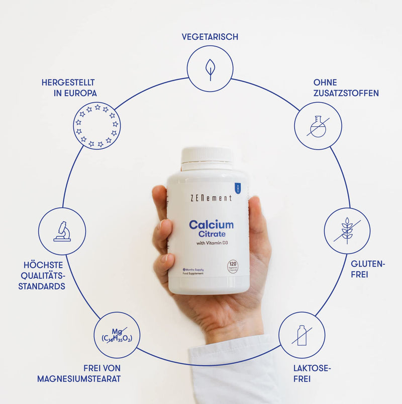 Calcium citrate, with vitamin D3, 120 capsules | To counteract low calcium levels in the blood | No additives, no allergens, GMO free | Zenement - NewNest Australia