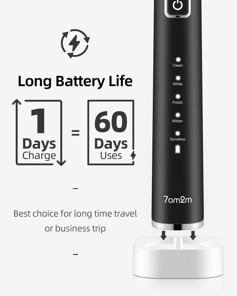7am2m Sonic Electric Toothbrush with 6 Brush Heads for Adults and Kids, Wireless Fast Charge, One Charge for 60 Days,5 Modes with 2 Minutes Build in Smart Timer, Electric Toothbrushes(Black) Black - NewNest Australia