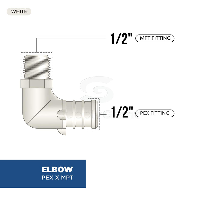 Supply Giant QQNM1212-5 Plastic Poly Alloy 90 Degree Elbow Pex x MPT Barb Pipe Fitting, 1/2'' x 1/2'', White, 5 Pack - NewNest Australia