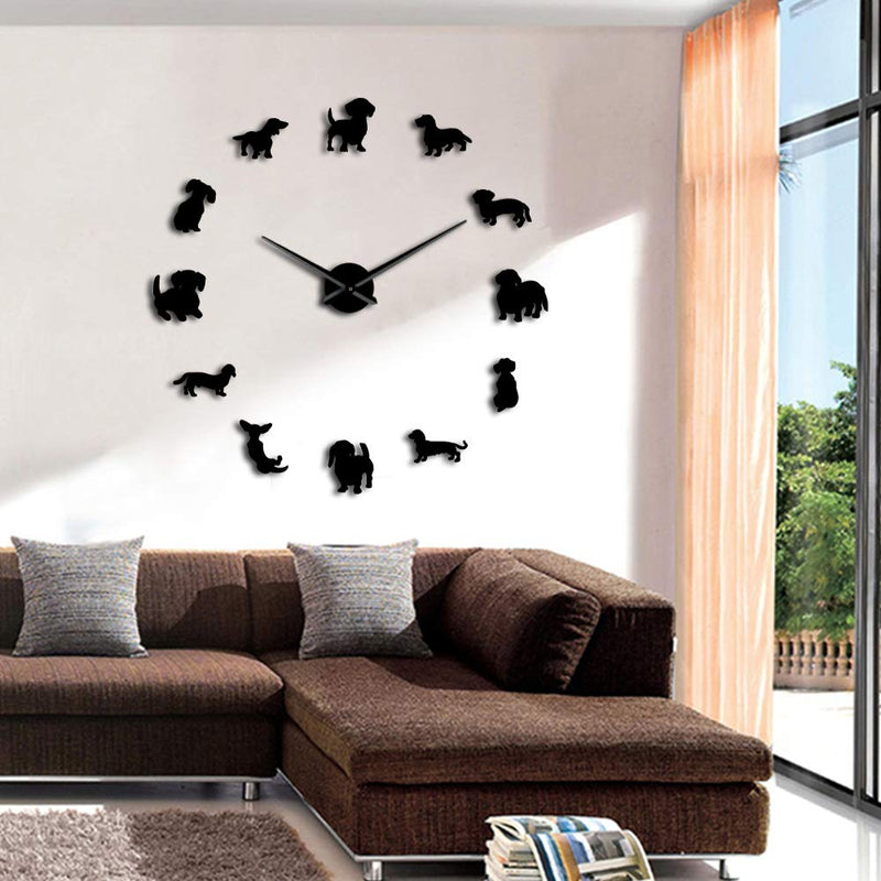 NewNest Australia - The Geeky Days DIY Dachshund Wall Art Wiener-Dog Puppy Dog Pet Frameless Giant Wall Clock with Mirror Effect Sausage Dog Large Clock Wall Watch(Black) Black 