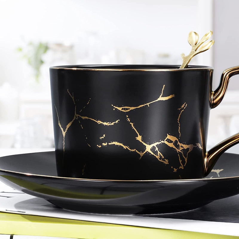 8.5 oz Golden Hand Print Tea Cup With Saucer Set And Cup And Ceramics Saucer Set Black (Black 1 pack) Black 1 pack - NewNest Australia