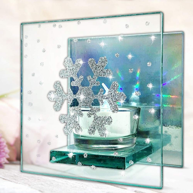 NewNest Australia - BANBERRY DESIGNS Snowflake Candles - Clear and Silver Glass Candle Holder Painted with a Glittery Snow Flake Design - Mirrored Hologram Back 4 Inches Tall 