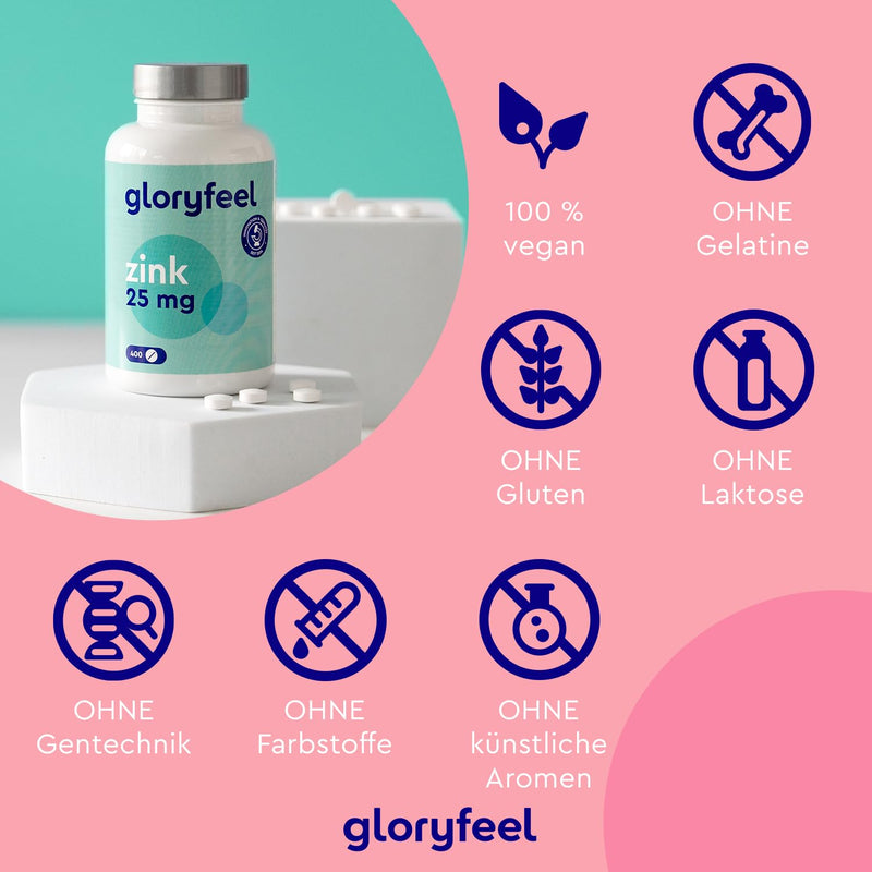 Zinc 25mg - 400 vegan tablets (13 months) - Premium zinc gluconate highly bioavailable - High dose of elemental zinc - Laboratory tested and made in Germany without additives - NewNest Australia