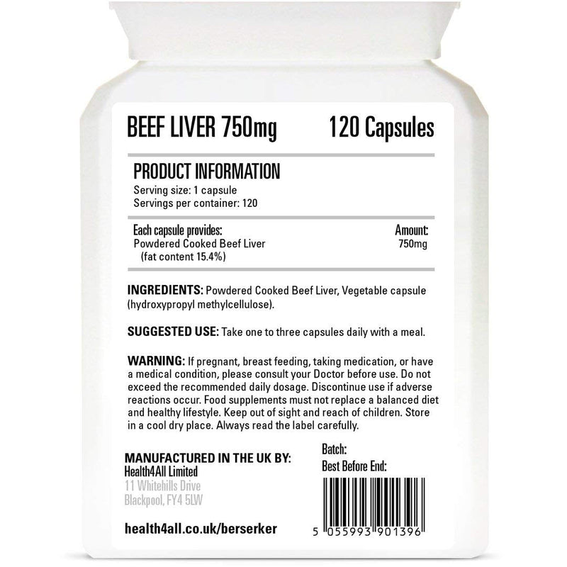Berserker Desiccated Beef Liver 750mg 120 Capsules Un-defatted Meaning Full Absorption of Naturally Occurring Vitamins and Minerals Found in Beef Liver. Made in The UK. 120 Count (Pack of 1) - NewNest Australia