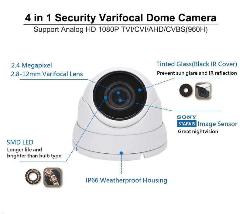 101AV 1080P True Full-HD Security Dome Camera 2.8-12mm Variable Focus Lens 2.4Megapixel STARVIS Image Sensor IR in/Outdoor WDR OSD Works w/ 1080P TVI 1080P AHD 1080P CVI & Standard Recorder only - NewNest Australia