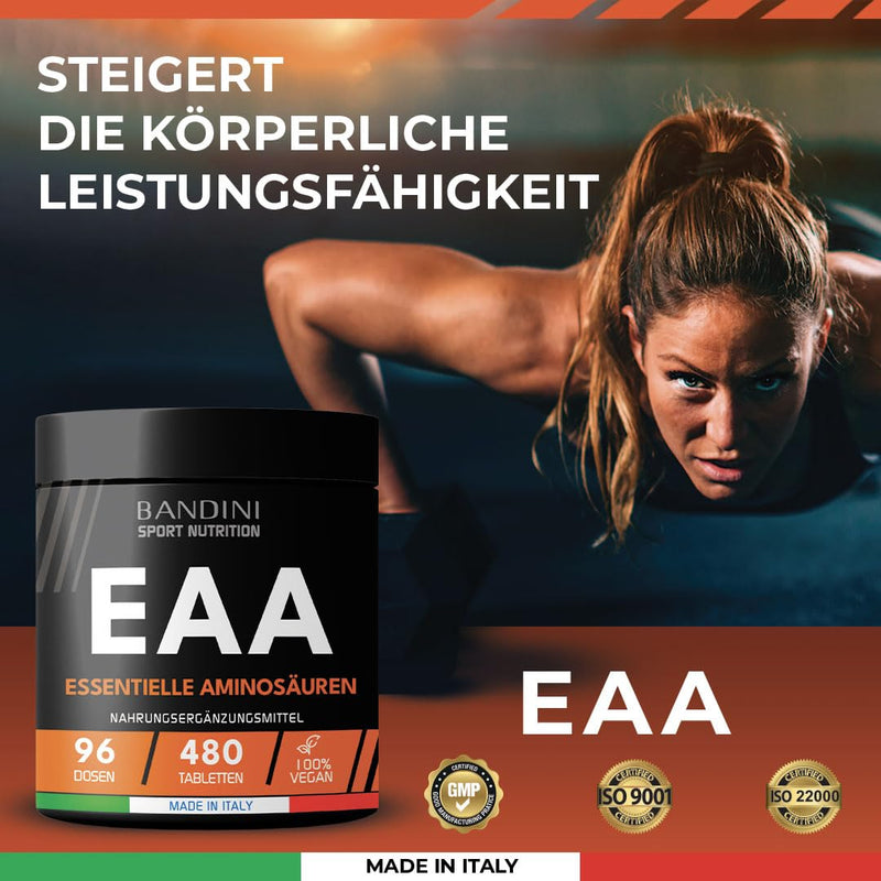 Bandini® EAA amino acid complex high dosage | 480 vegan amino tablets with 9 different amino acids | Pre Post Workout Booster | Neutral in taste, vegan, no additives, laboratory tested 480 units (neutral) - NewNest Australia