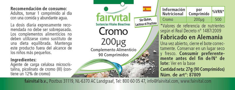Fairvital | Chromium 200µg - with 200mcg chromium per tablet - high dose - vegan - Chromium Picolinate - essential trace element - 90 tablets - NewNest Australia