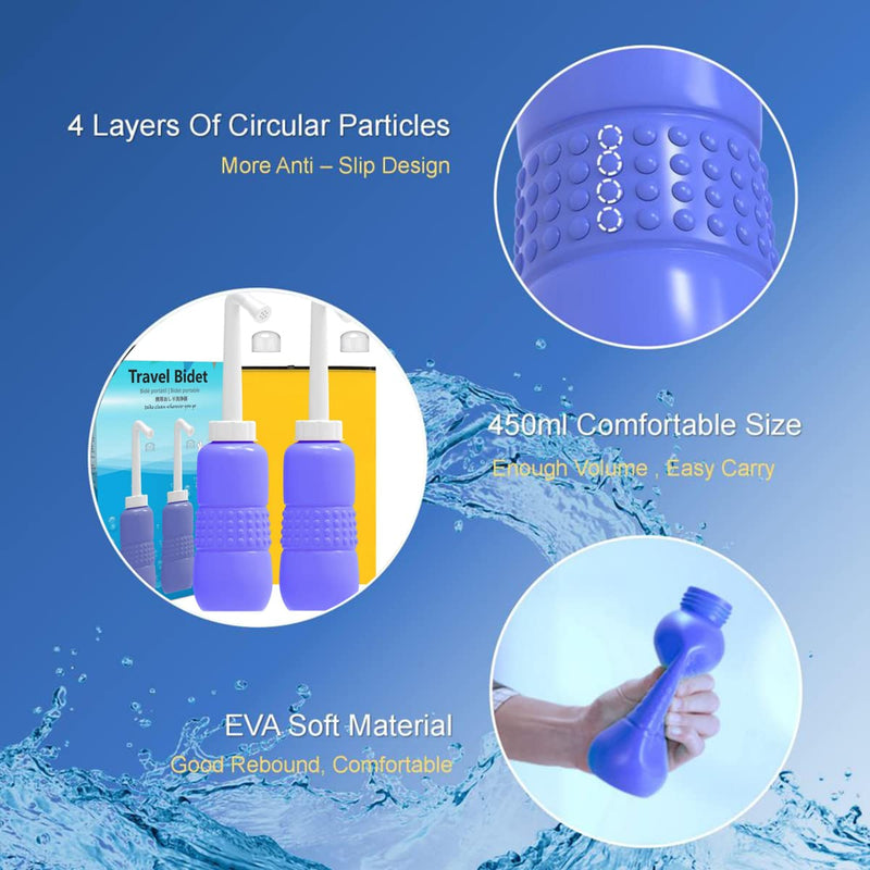 2 Pack Portable Travel Bidet Bottle 450ml - KKPOT Handheld Bidet Sprayer for Toilet, Peri Bottle for Personal Hygiene Care,Postpartum Perineal Irrigation with Travel Bag (Blue) Blue - NewNest Australia