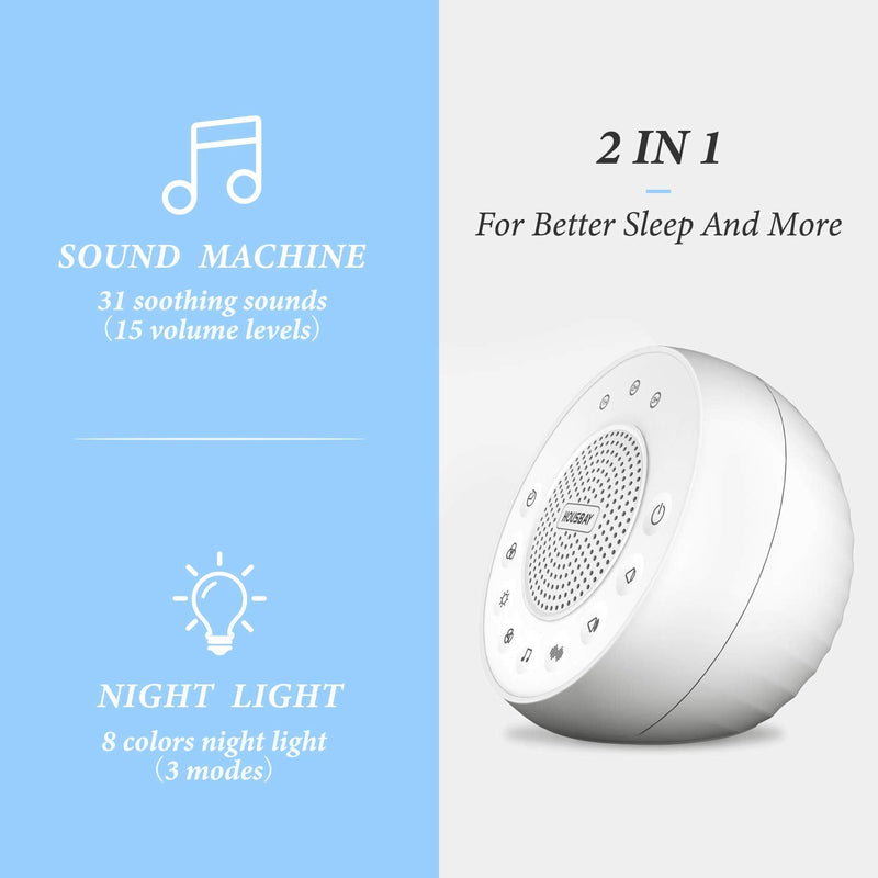 Housbay Glows White Noise Sound Machine - Night Light for Baby, Kids, 31 Soothing Sounds for Sleeping, Relaxation - Sleep Machine for Adults, Baby A-White - NewNest Australia