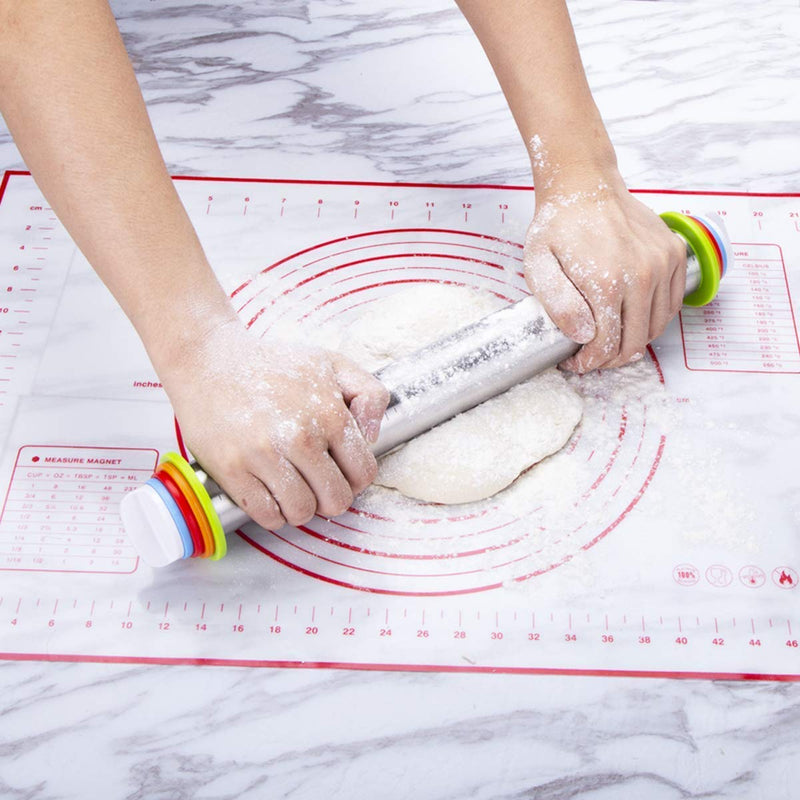 NewNest Australia - Adjustable Rolling Pin with Thickness Rings and Pastry Mat Set for Baking Cookie Chapati Fondant Dough Pastry Pizza Pie Crust, Stainless Steel Roller Pin, Red Mat 