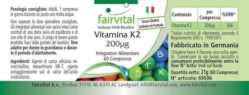 Fairvital | Vitamin K2 MK-7 200µg - HIGH DOSE - Menaquinone MK-7 - natural & fermented from natto - VEGAN - 60 tablets - NewNest Australia
