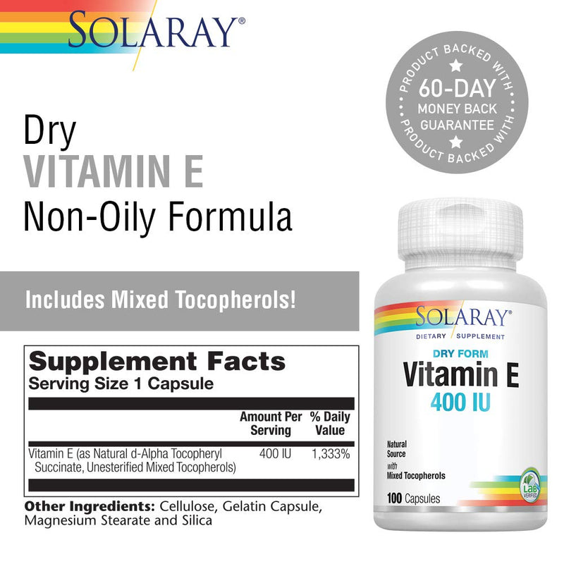 Solaray Vitamin E, Dry 400 IU w/Mixed Tocopherols | Non-Oily | Healthy Cardiac Function, Antioxidant Activity & Skin Health Support | 100 Capsules - NewNest Australia